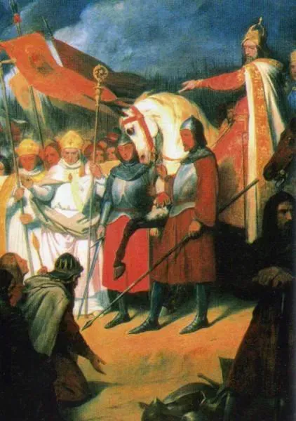 Karel de Grote neemt in 777 in Paderborn Widukinds onderwerping aan. Een geromantiseerd schilderij van de Fransman Ary Scheffer. Widukind was op dat moment niet in Paderborn. Pas in 785 gaf de moegestreden Saksische leider zich over.