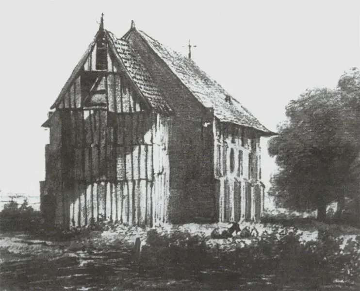 De kerk van Roswinkel omstreeks 1845. De tekening in zwart krijt en inkt werd gemaakt door Johannes van Ravenswaay Gijsb.zn.