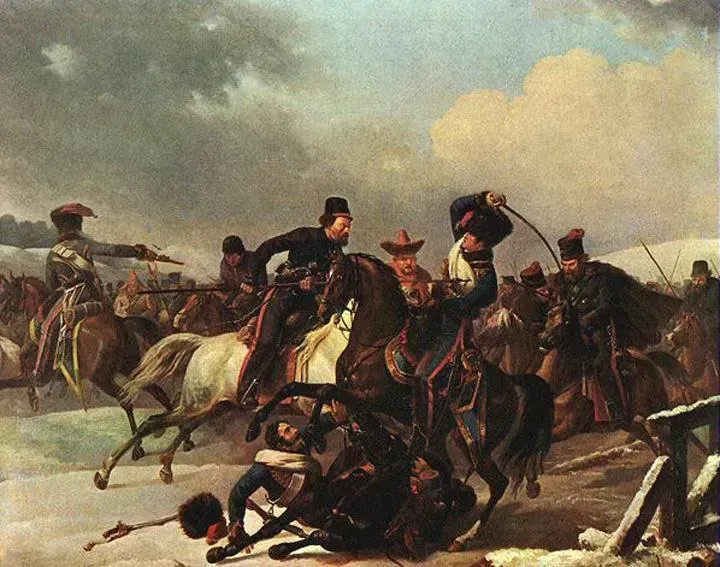 Kozakken in strij met terugtrekkende Franse soldaten, schilderij van Auguste-Joseph Desarnod (1788-1840). De soldaat op de voorgrond, van zijn paard gevallen, is Desarnod.