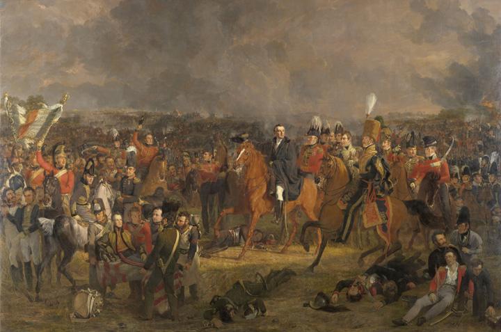 Jan Willem Pieneman beeldt hier linksonder de gewonde Prins van Oranje af; in het midden Wellington en met bruine kolbak Uxbridge die weldra het rechterbeen afgeschoten zou worden. Rechts op het schilderij een aantal gewonde en dode soldaten. (Rijmksmuseum Amsterdam)